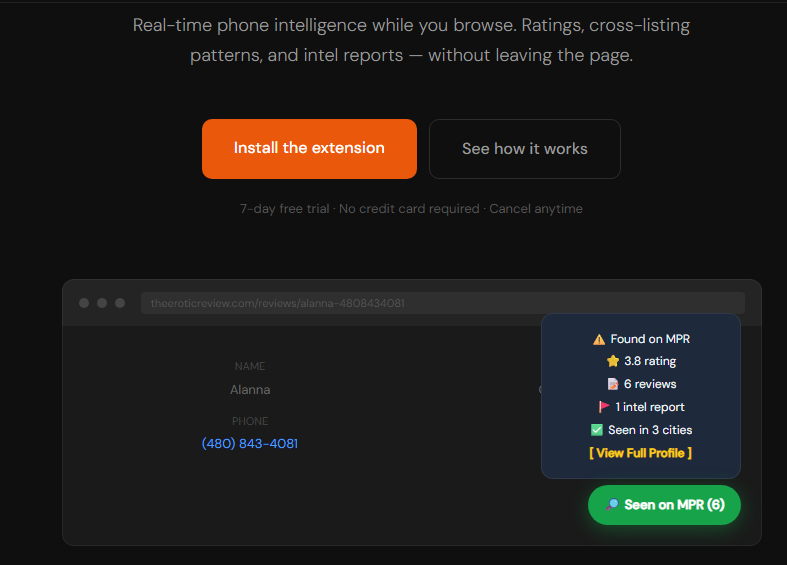 Illustration: MPR Lookup overlay on a sample listing page — intel card and Seen on MPR badge.
